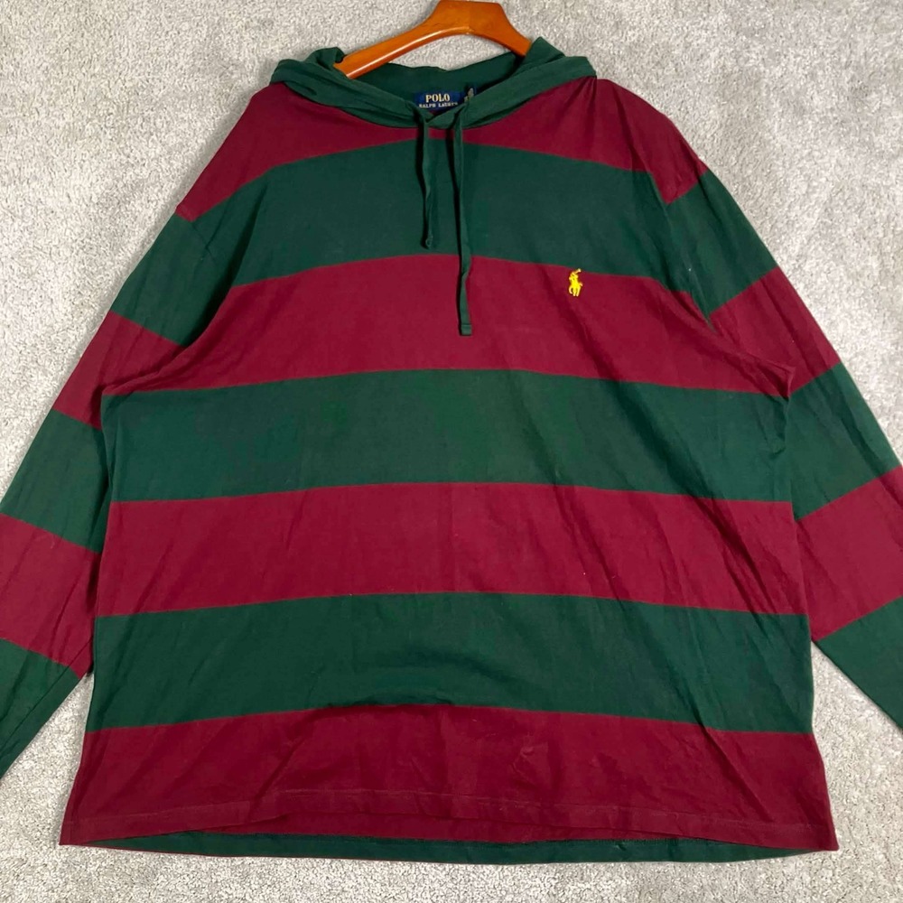 Polo Ralph Lauren Hoodie Mens 3XB Green Red Striped Long Sleeve Cotton Big Tall